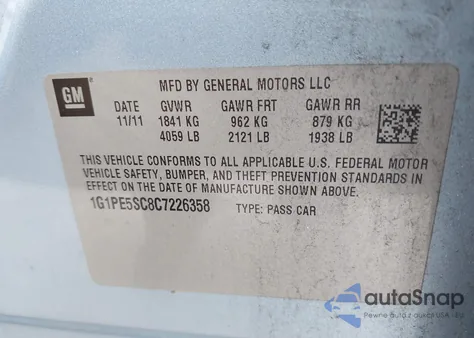 2012 Chevrolet Cruze Lt из США, поврежденный, VIN 1G1PE5SC8C7226358